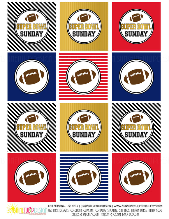 Printable Super Bowl Cupcake Toppers Gift Tags, Football Tailgate Gift Tags, Super Bowl Sunday Tags by SUNSHINETULIPDESIGN - Sunshinetulipdesign - 1