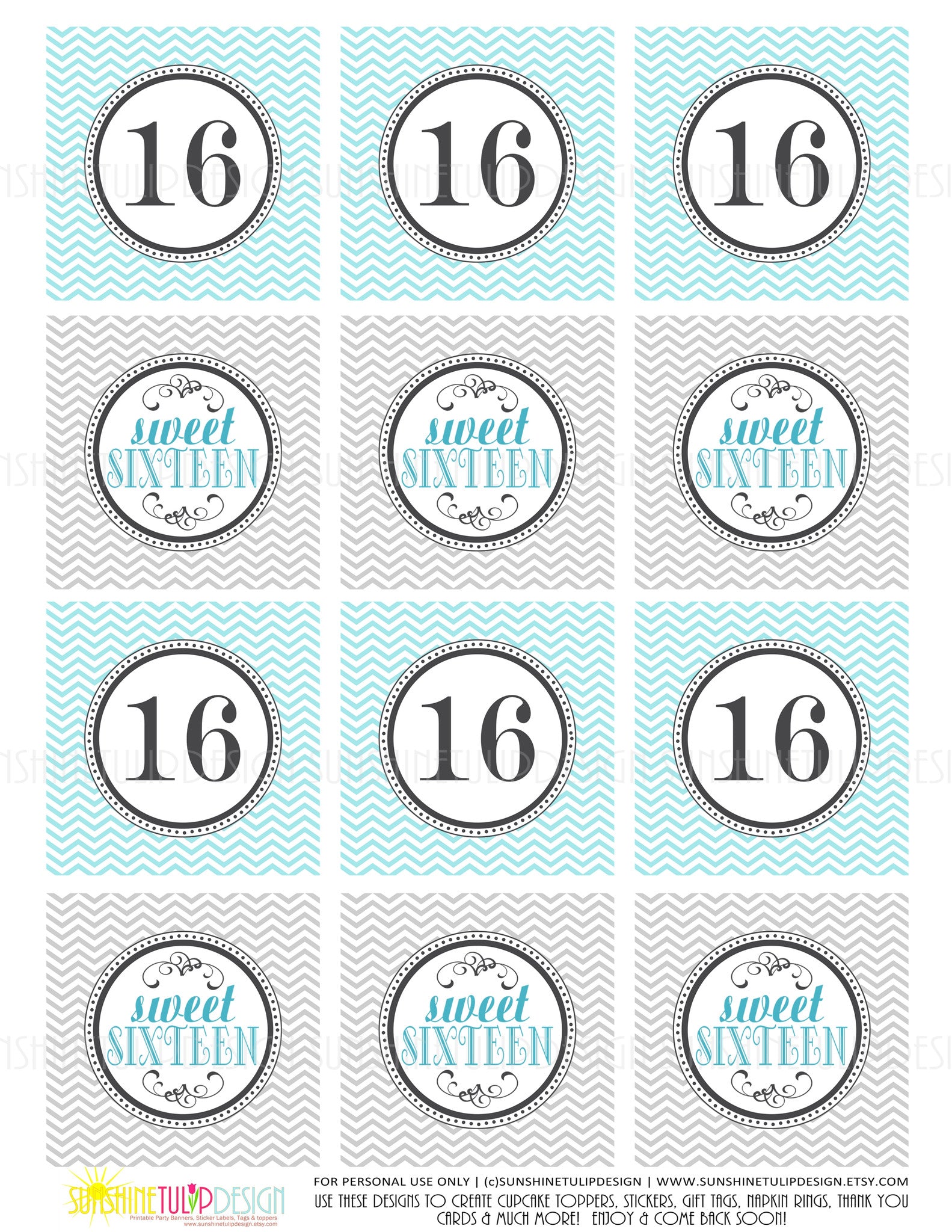 Printable Sweet 16 Birthday Cupcake Toppers, Sticker Labels & Party Fa - Sunshinetulipdesign for Free Printable 16th Birthday Cards