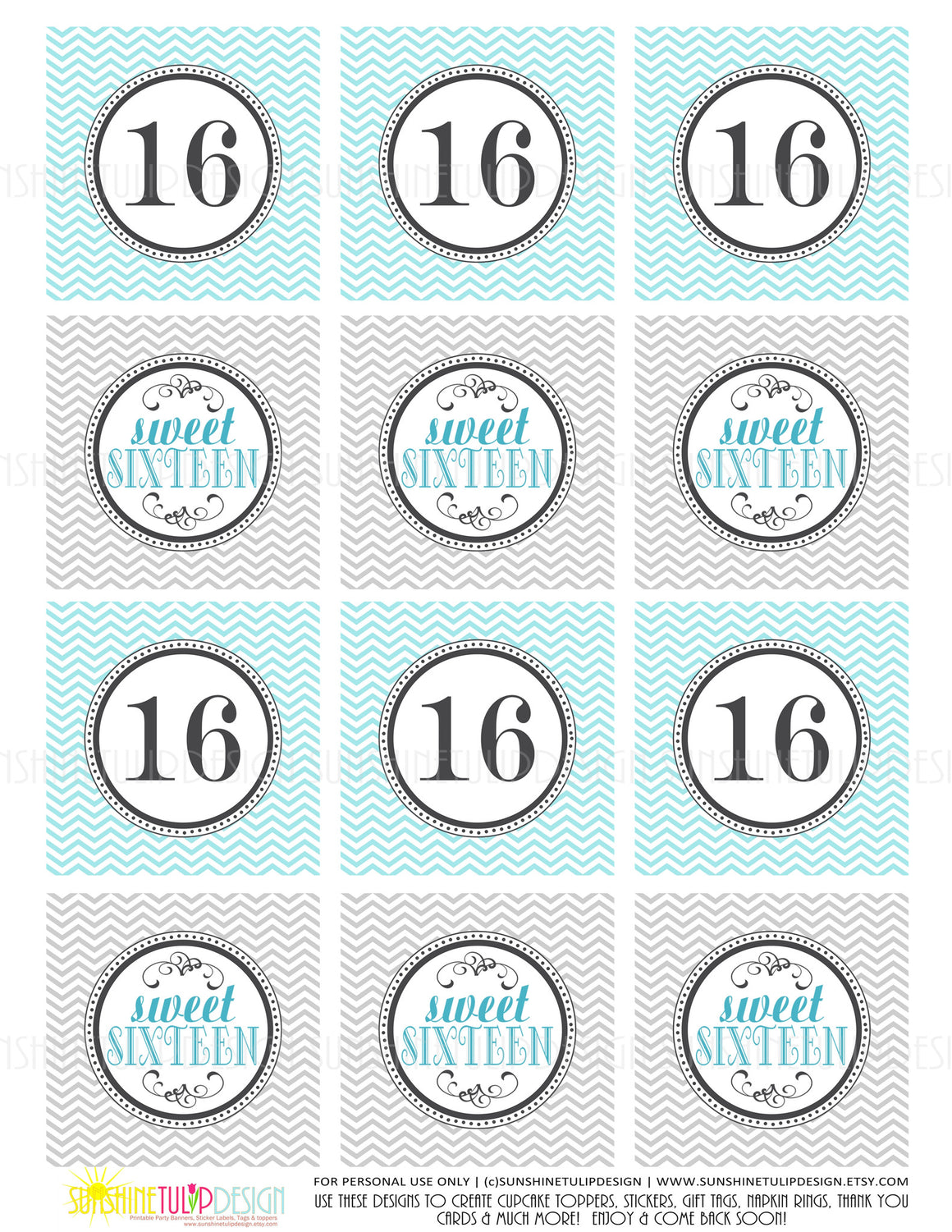 Printable Sweet 16 Birthday Cupcake Toppers, Sticker Labels & Party Favor Tags by SUNSHINETULIPDESIGN - Sunshinetulipdesign - 1