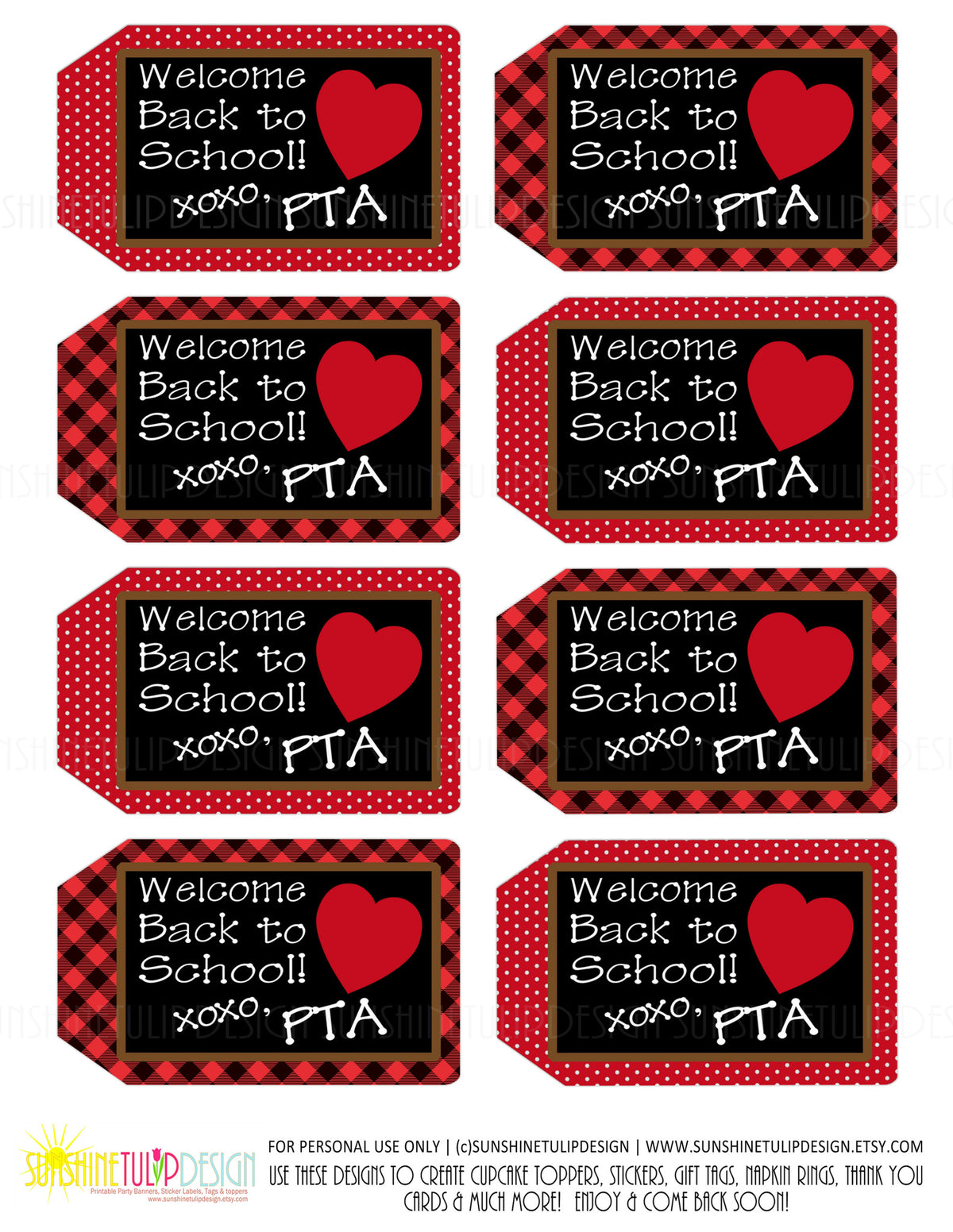Printable PTA Tags, Welcome Back to School Teacher Appreciation Tags by SUNSHINETULIPDESIGN