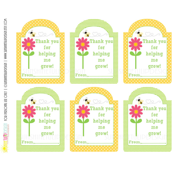 Printable Teacher Appreciation Gift Tags, Thank You for Helping Me Grow Tags by Sunshinetulipdesign - Sunshinetulipdesign - 1