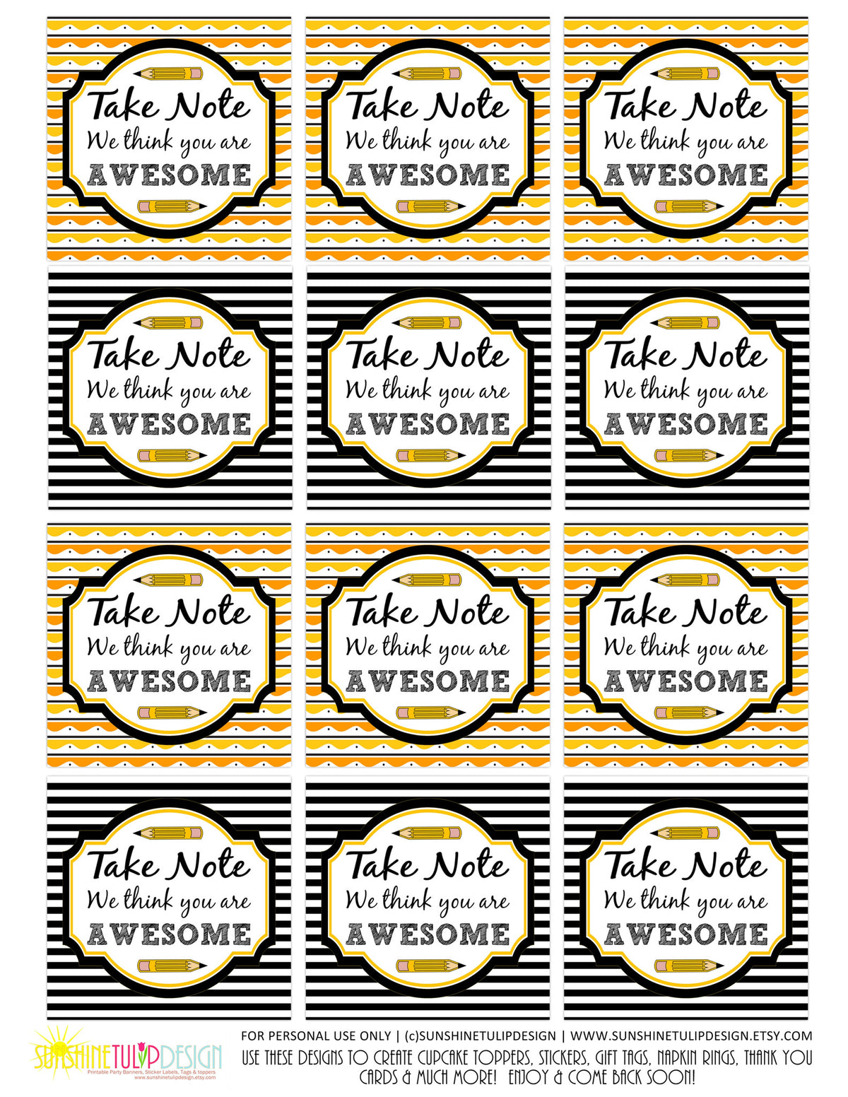 Printable Teacher Appreciation Gift Tags, Take Note You are Awesome Teacher Appreciation Gift Tags by SUNSHINETULIPDESIGN