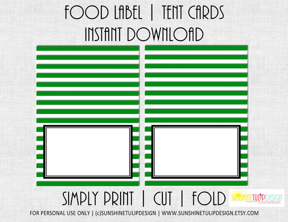 Printable Food Tent Cards, Printable Green & White Stripe Food Label Tent Cards by SUNSHINETULIPDESIGN - Sunshinetulipdesign