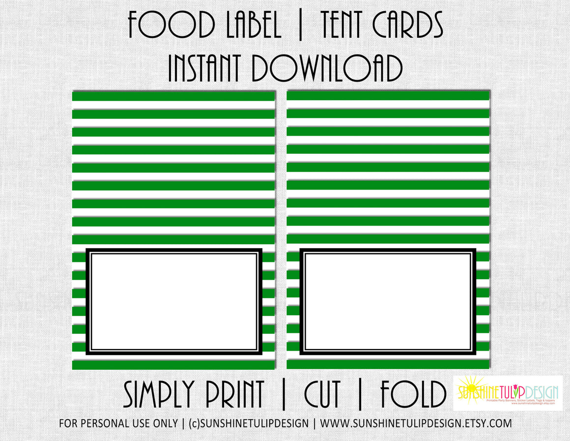 Printable Food Tent Cards, Printable Green & White Stripe Food Label Tent Cards by SUNSHINETULIPDESIGN - Sunshinetulipdesign