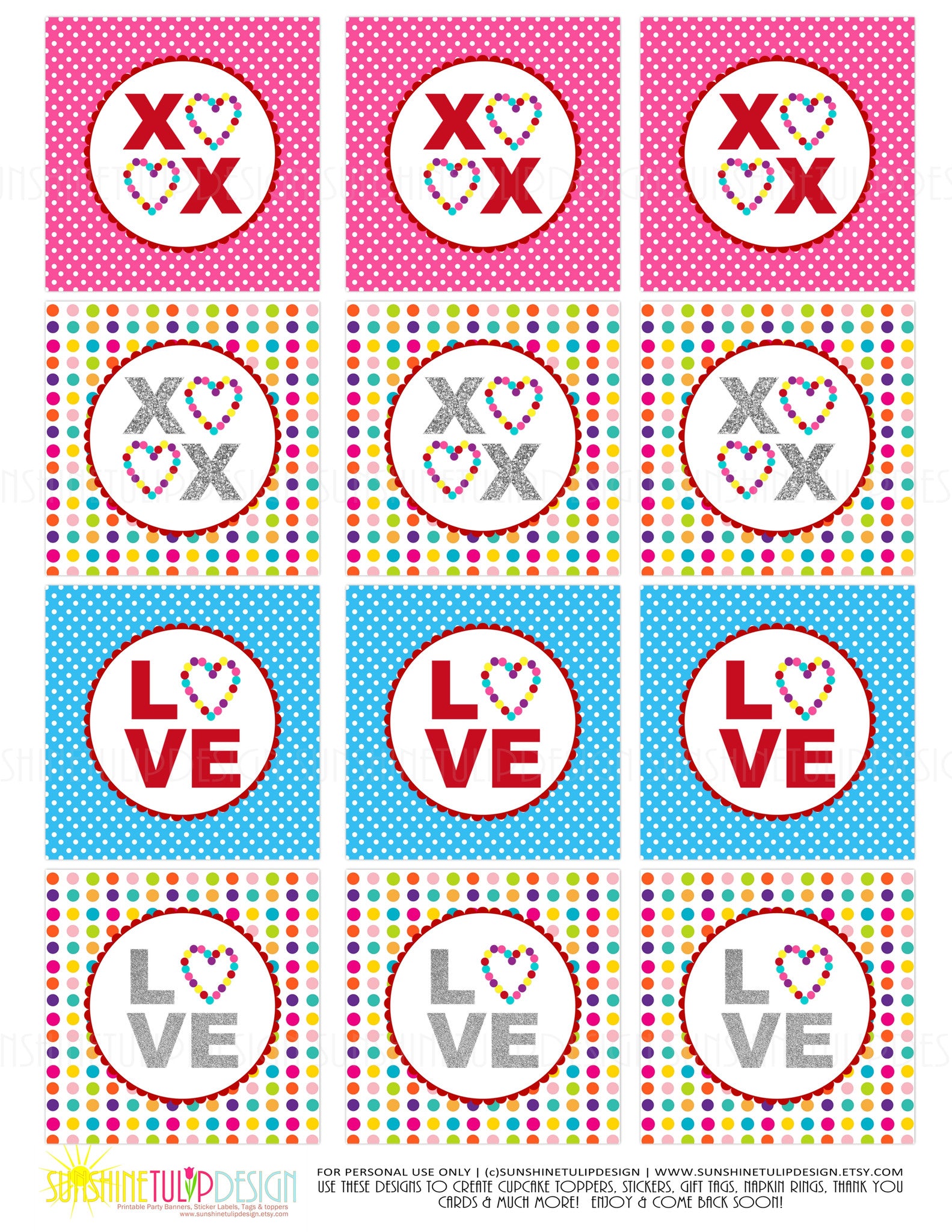 Printable Valentines Day XOXO Gift Tags & Cupcake Toppers, Printable LOVE Gift Tags & Cupcake Toppers by SUNSHINETULIPDESIGN - Sunshinetulipdesign