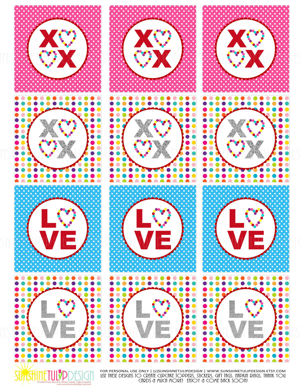 Printable Valentines Day XOXO Gift Tags & Cupcake Toppers, Printable LOVE Gift Tags & Cupcake Toppers by SUNSHINETULIPDESIGN - Sunshinetulipdesign