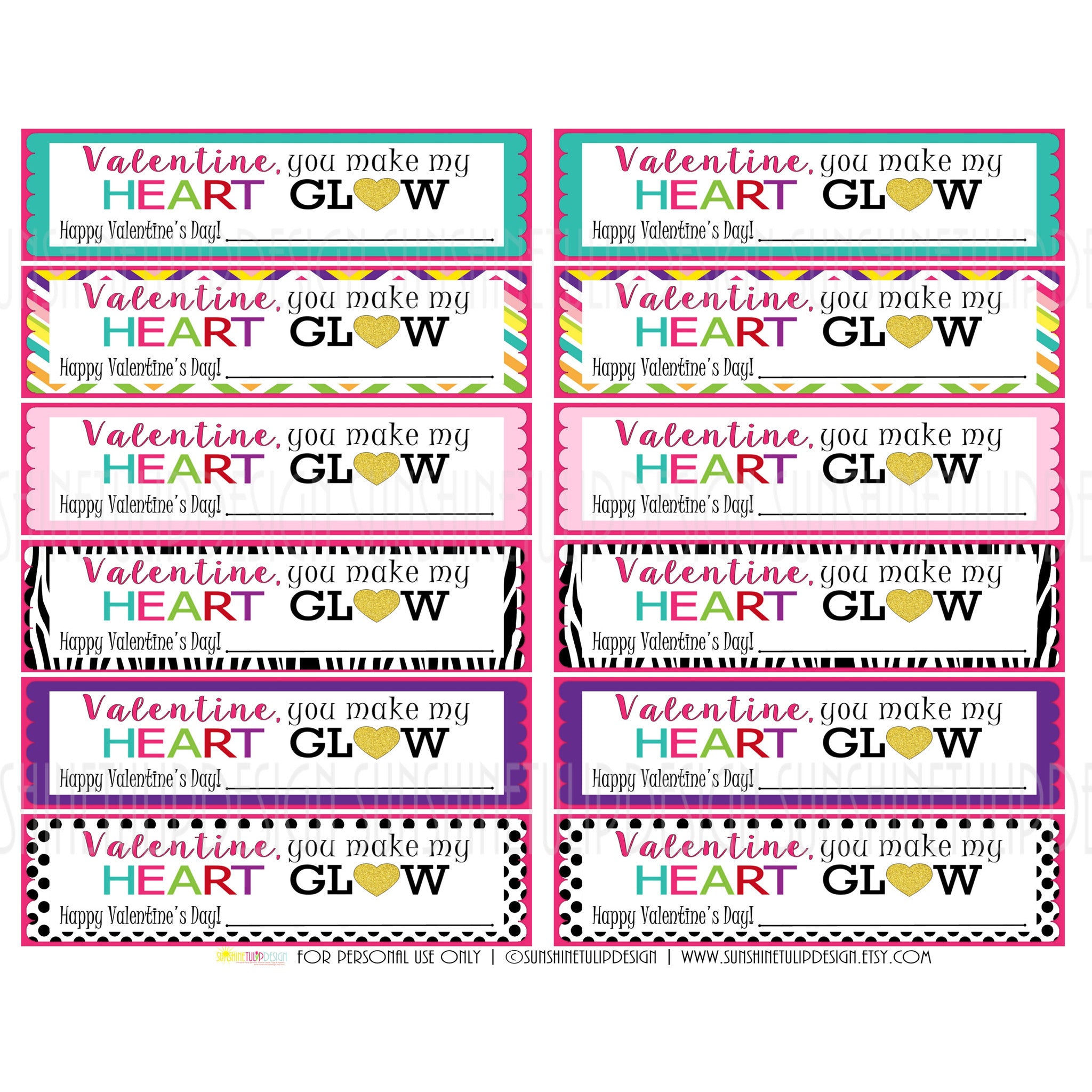 Printable Valentines Day Gift Tags Valentine You Make My Heart Glow Gift Tags by SUNSHINETULIPDESIGN