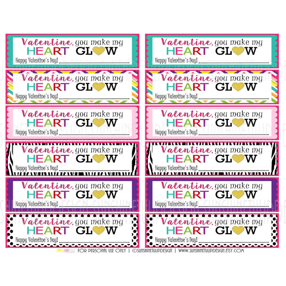 Printable Valentines Day Gift Tags, Valentine You Make My Heart Glow Gift Tags by SUNSHINETULIPDESIGN - Sunshinetulipdesign
