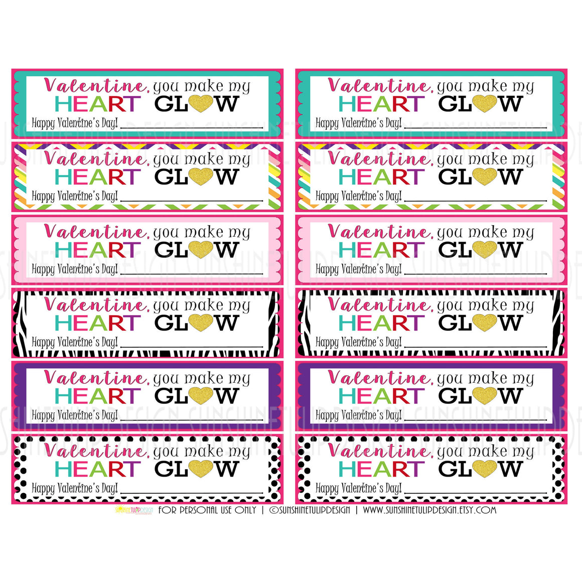 Printable Valentines Day Gift Tags, Valentine You Make My Heart Glow Gift Tags by SUNSHINETULIPDESIGN - Sunshinetulipdesign
