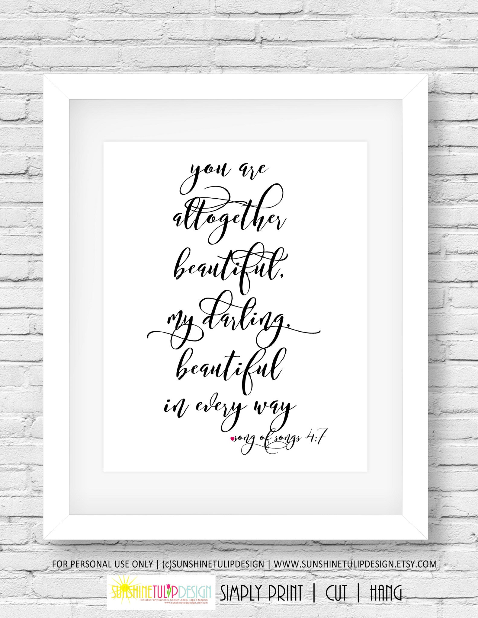 Printable You are Beautiful Wall Art, Song of Songs, Scripture Wall Art, Planner Cover Art by SUNSHINETULIPDESIGN - Sunshinetulipdesign - 2