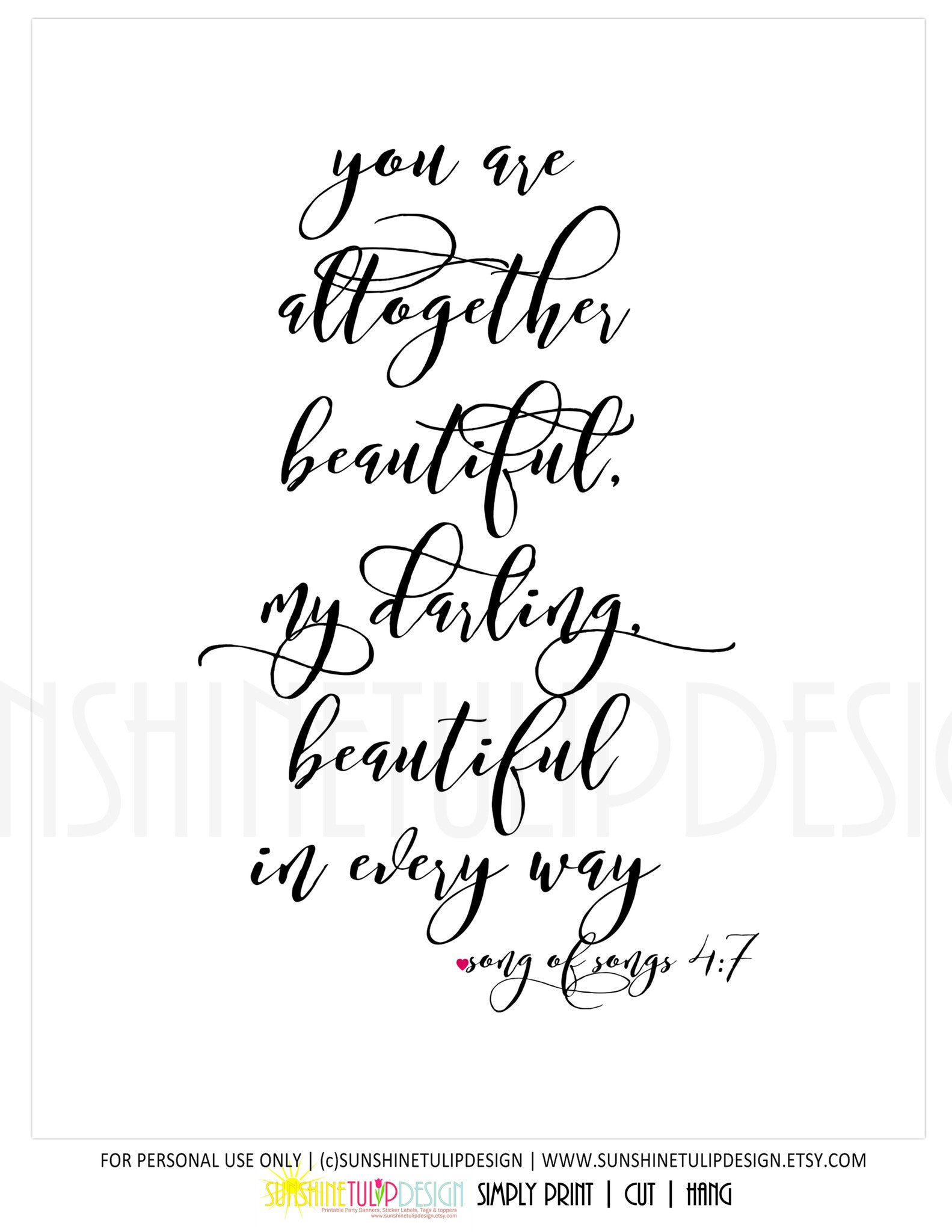 Printable You are Beautiful Wall Art, Song of Songs, Scripture Wall Art, Planner Cover Art by SUNSHINETULIPDESIGN - Sunshinetulipdesign - 3