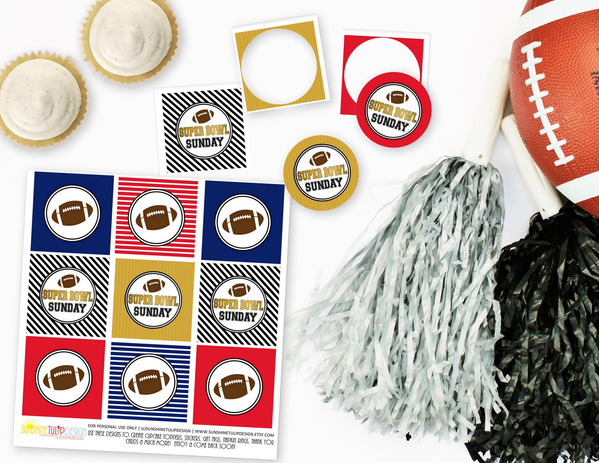 Printable Super Bowl Cupcake Toppers Gift Tags, Football Tailgate Gift Tags, Super Bowl Sunday Tags by SUNSHINETULIPDESIGN - Sunshinetulipdesign - 1
