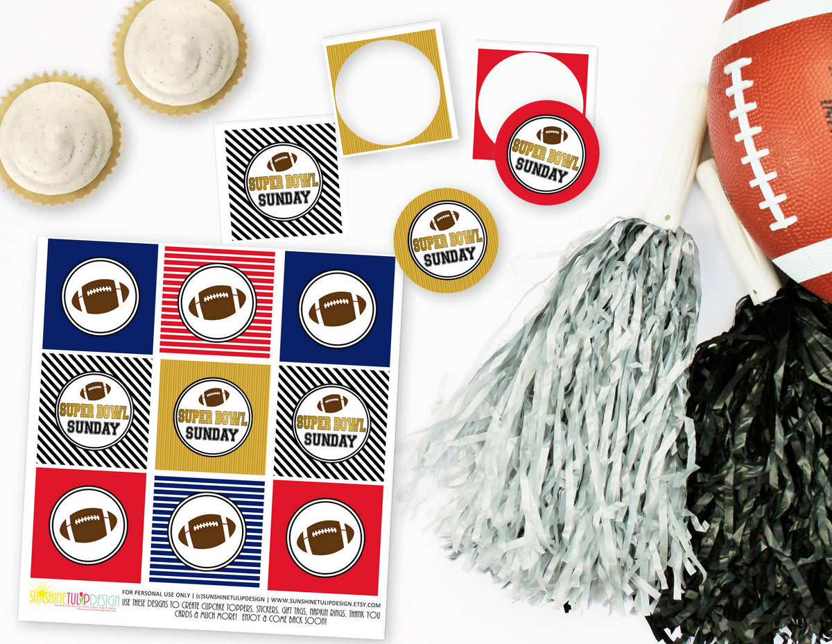 Printable Super Bowl Cupcake Toppers Gift Tags, Football Tailgate Gift Tags, Super Bowl Sunday Tags by SUNSHINETULIPDESIGN