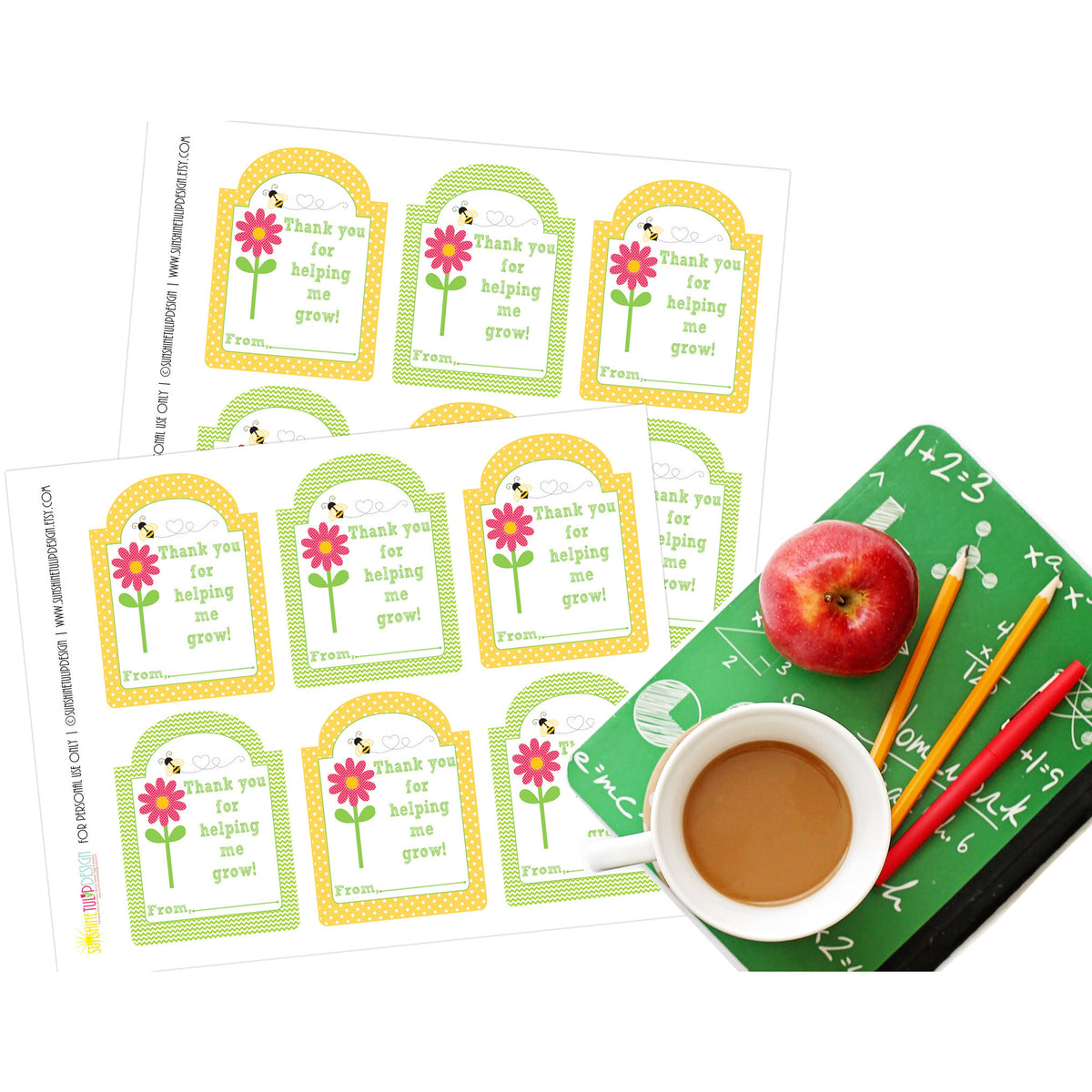 Printable Teacher Appreciation Gift Tags, Thank You for Helping Me Grow Tags by Sunshinetulipdesign